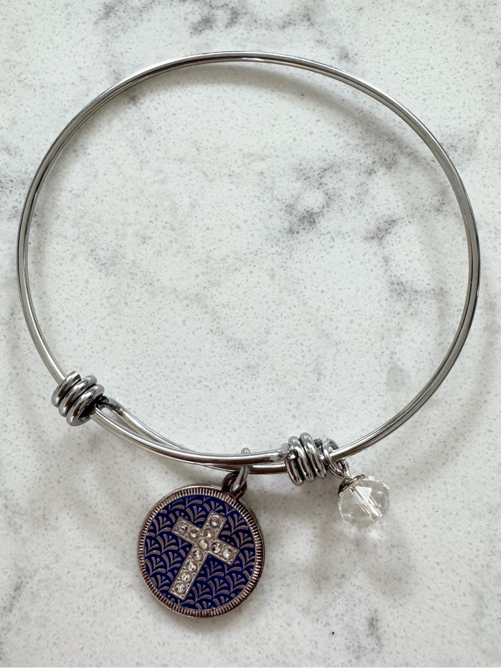 Silver Bangle Bracelet with Cross Charm and Crystal Accent